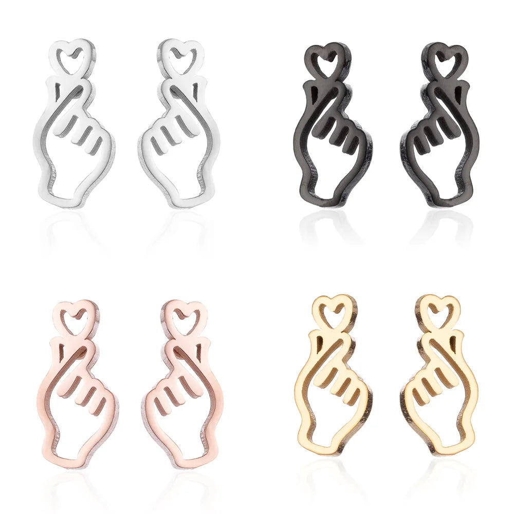 New Design Korean Hollow Heart Gesture Couple Studs Earring Trendy Stainless Steel Jewelry with Gold Plating
