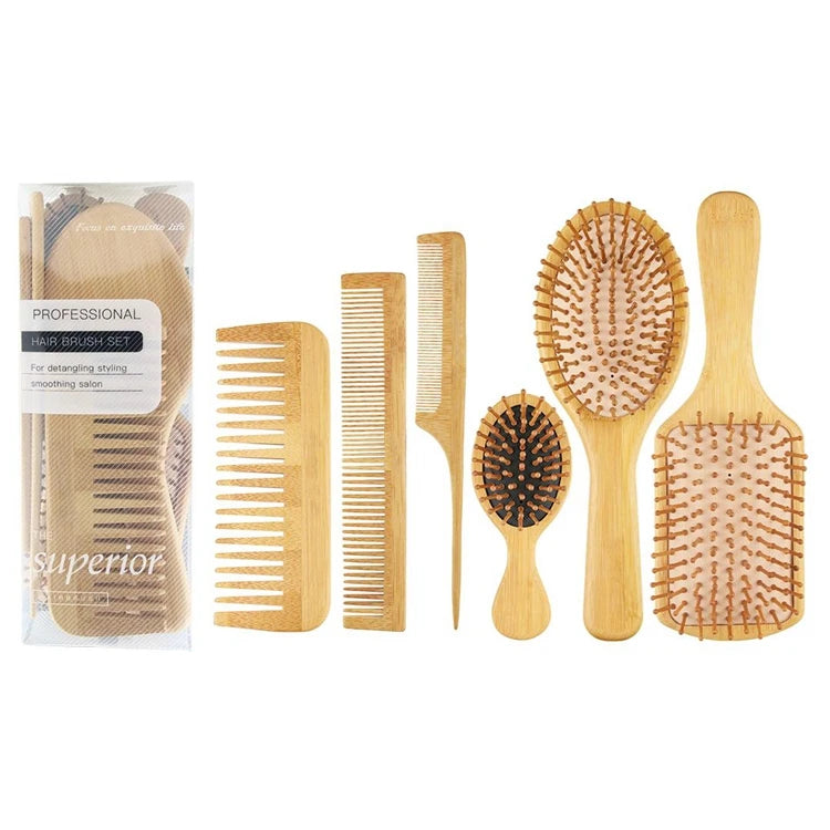 Professional Comfortable Adjustable Fashion Wide Tooth Rat Tail Comb Set Paddle Bamboo Handle Customized Logo Beauty Salon Comb