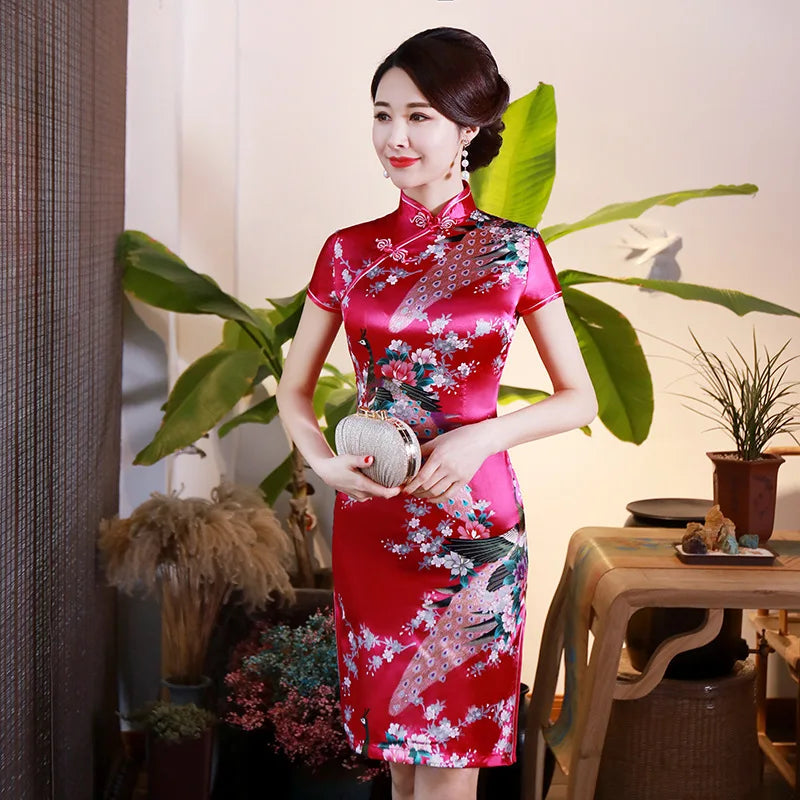 Wholesale Spring and Summer New Improved Cheongsam Dress Short Satin Printed Daily Banquet Women's Performance Clothing
