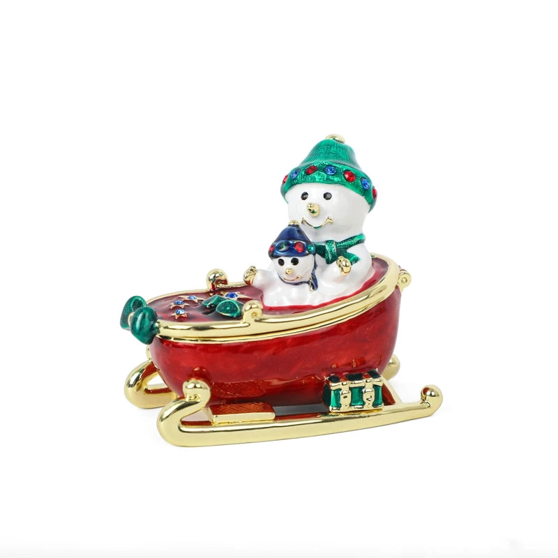 SHINNYGIFTS New Hand Painted Enameled Metal Trinket Box Snowman Christmas Gift Box for Jewellery Storage