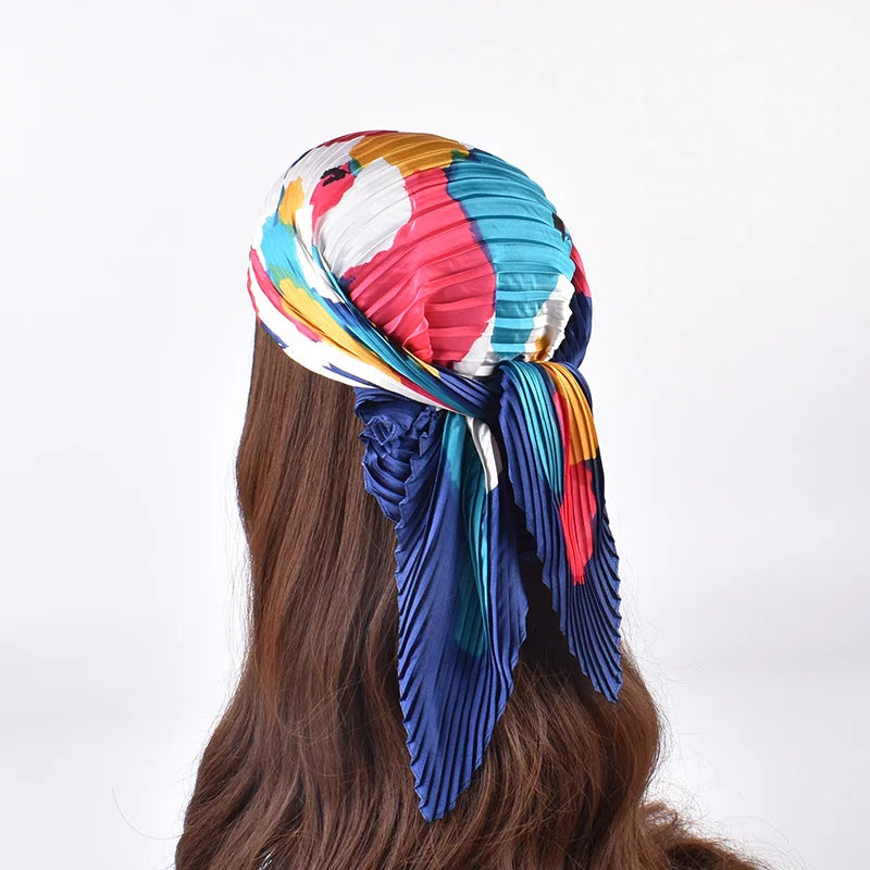 MIO Summer New Flower Pattern Printed Square Head Scarf Elegant Pleated Scarf Fashion Designer Head Scarf for Women