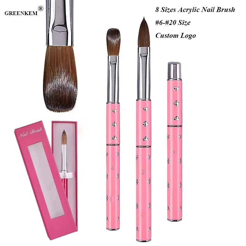 Customized logo Nail Art Pure Mink Hair Crystal Pen With Different Sizes Pink Diamond Metal Rod  Acrylic Nail Art Brush