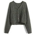 Women's Army Green Solid Color V-Neck Sweater Cardigan Autumn Winterwear Plain Cable-Knit Polyester Blend Front Logo