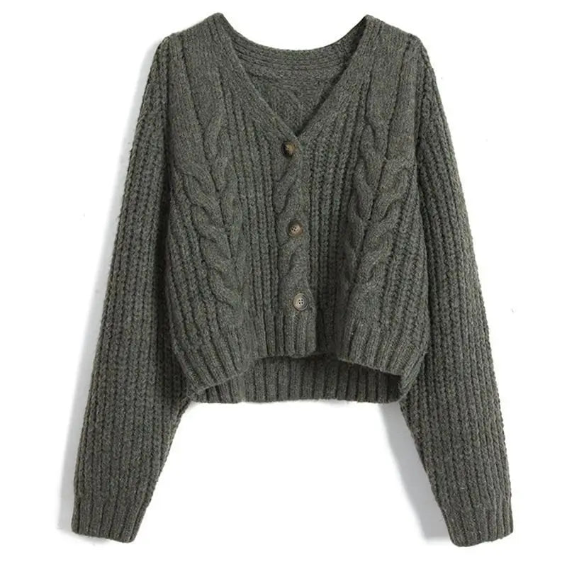 Women's Army Green Solid Color V-Neck Sweater Cardigan Autumn Winterwear Plain Cable-Knit Polyester Blend Front Logo