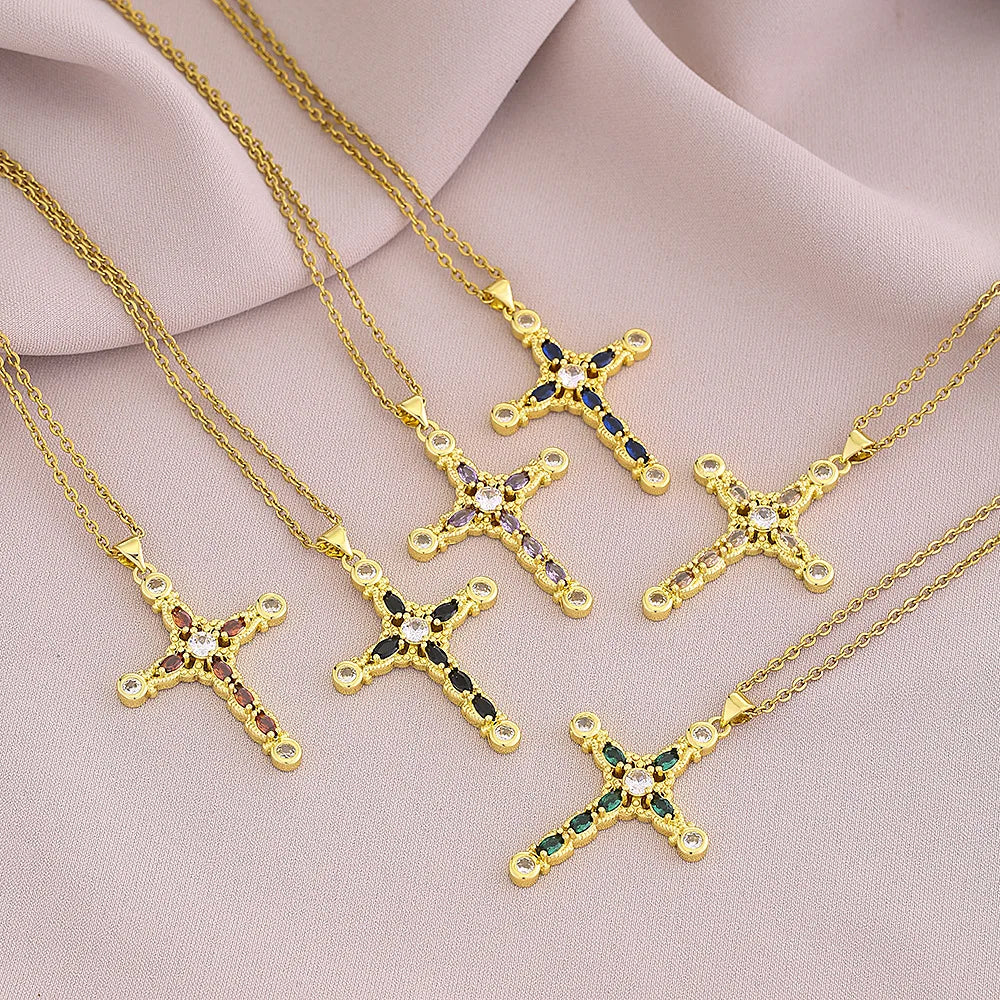 SC New Arrival Fashion Gold Chain Necklace Trendy Sweater Choker Necklace Stylish Colored Zircon Cross Necklace to My Dauther