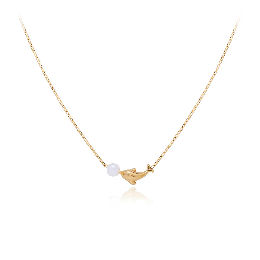 Fashion 18k Gold Plated Stainless Steel Natural Fresh Water Pearl Dolphin Necklace