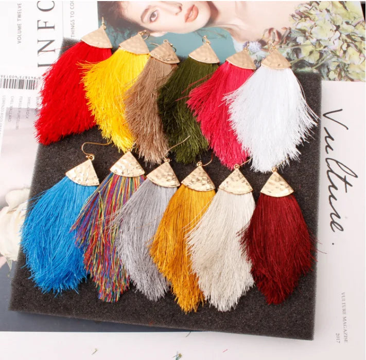 Boho Women Long Splendor Large Earrings Strand Feather Shape Dangles Silky Thread Fan Fringe Tassel Earrings