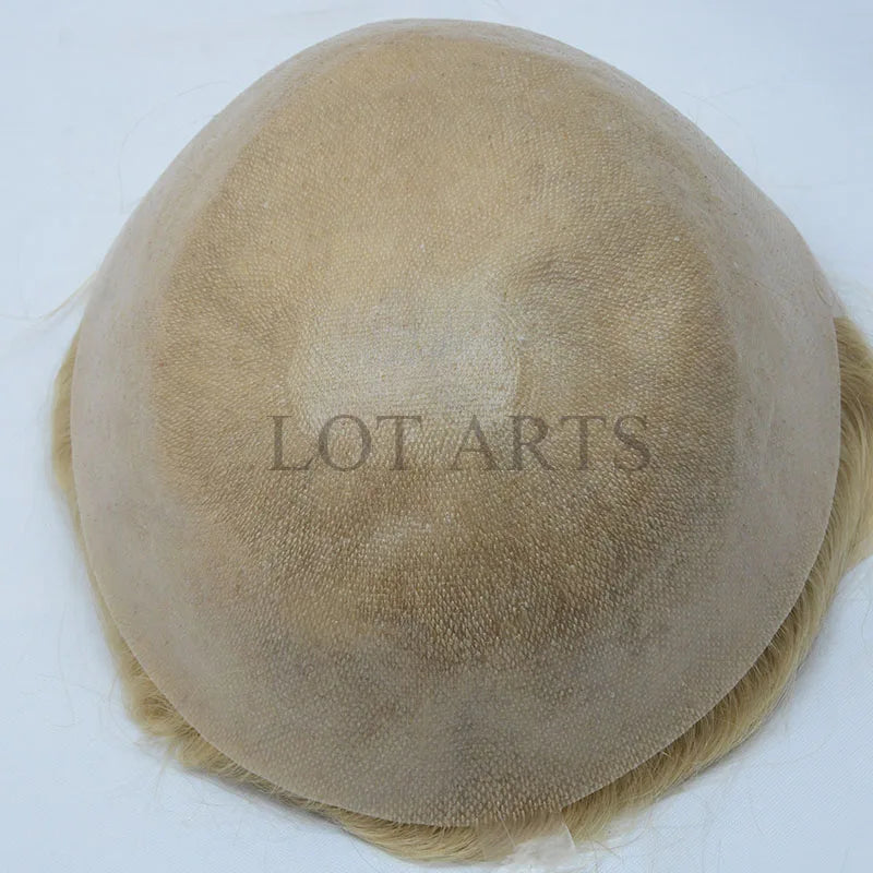 Natural Hairline Indian Remy Human Hair Full Pu Thin Skin Toupee Color 613#