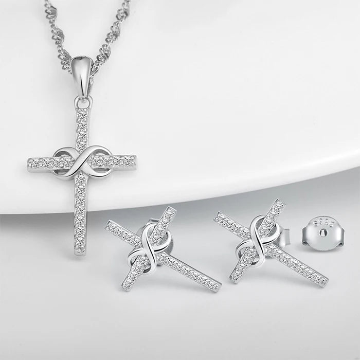 Christmas Gift Women's Solid 925 Sterling Silver Rhodium Plated Christian Zircon Infinity Cross Necklace Earring Sets Wedding