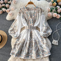 Spring Full Sleeve V-neck Print Casual Dress Women High Waist Lantern Sleeve Mini A-Line Dress Ladies Retro Dresses Wholesale