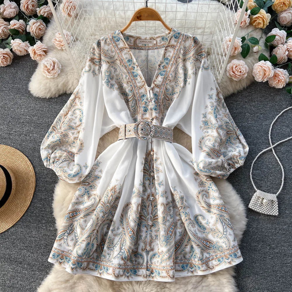 Spring Full Sleeve V-neck Print Casual Dress Women High Waist Lantern Sleeve Mini A-Line Dress Ladies Retro Dresses Wholesale