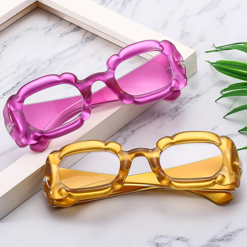 2024 Designer Sunglasses for Women Square Fashion Styles White Pink Transparent Frames Branded Blue-Light-Block Goggles Flower