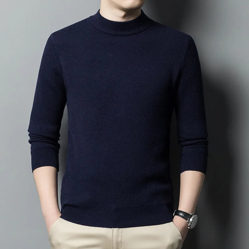 2022 Fall Winter Fleece Sweaters Mens Fashion High Neck Long Sleeve Causal Pullover Knitted Sweater Men