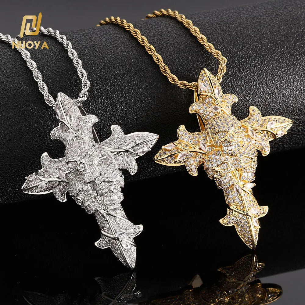 NUOYA Hip Hop Jewelry Iced Out Custom 3D Charm Pendant Shiny CZ Diamond Rose Flower Cross Pendant for Men Women