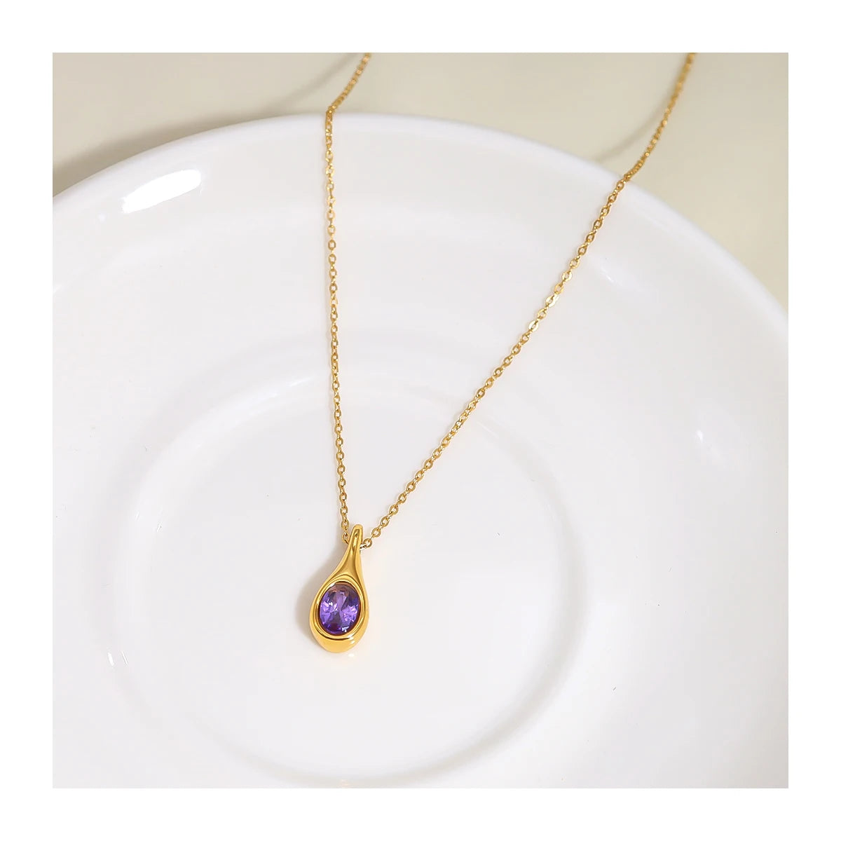 New Arrival Dainty Purple Cubic Zirconia Waterdrop Pendant Necklace for Women 18K IP Stainless Steel Link Chain for Anniversary