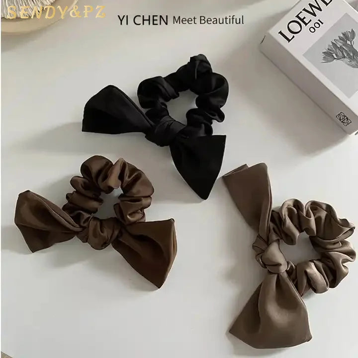 Korean New Fabric Simple Solid Color Bow Satin Scrunchies Hair Tie Women Geometric Type Temperament Hair Scrunchies for Girls