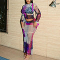 New Product Fall Popular Mesh Crop Top See Through Wrap Skirt and Top Set for Women