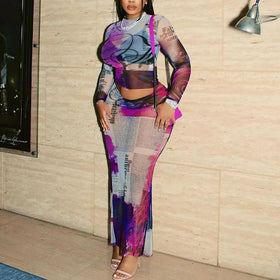 New Product Fall Popular Mesh Crop Top See Through Wrap Skirt and Top Set for Women