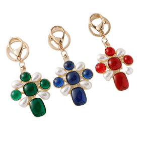 Vintage Pearl Metal Emerald Geometric Key Chain Accessory Gemstone Baroque Pearl Cross Keychain for Lady