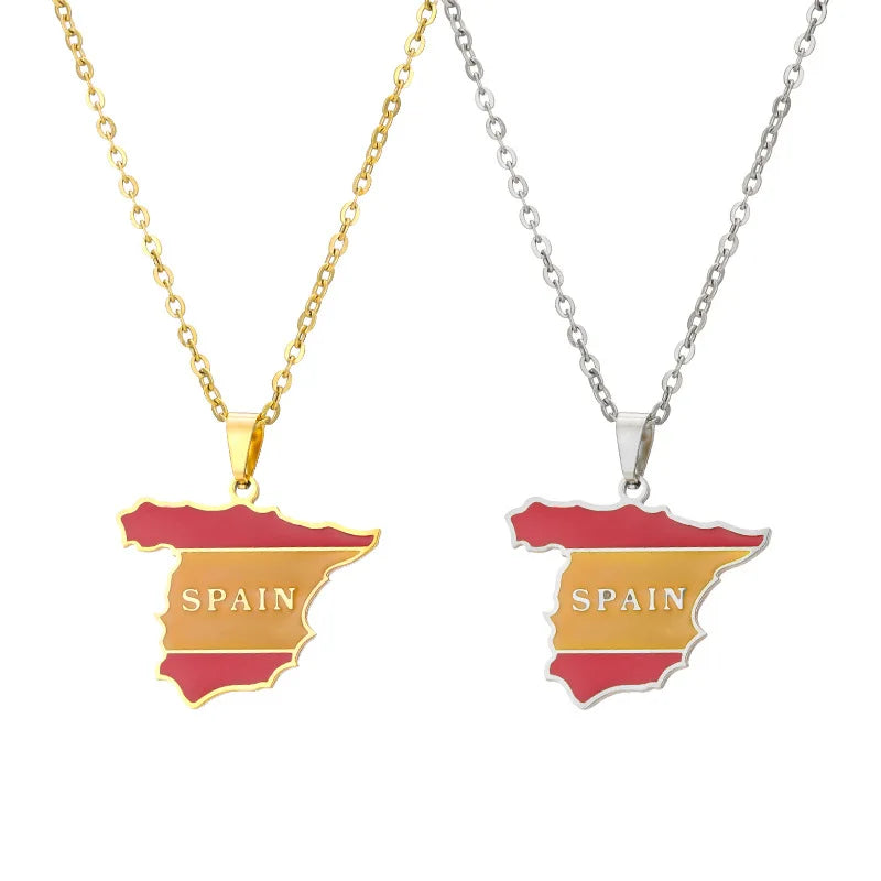 Handmade Stainless Steel Spain Map Shaped Pendant Necklace Patriotic School Awards Holiday Party Gift for New Year Christmas