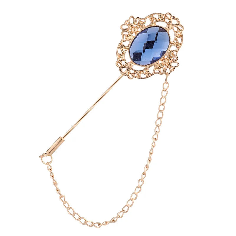 Fashion Simple Vintage Hollow Designer Corsage Flower Crystal Stone Beaded Chain Badge Lapel Brooch With Long Pin for Men's Suit