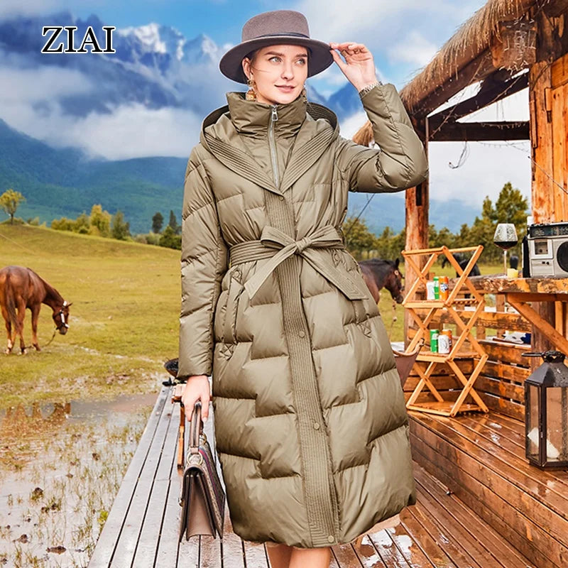 Winter New Goose Down Jacket Fashion Windproof Tie Long Warm Winter Clothes for Women