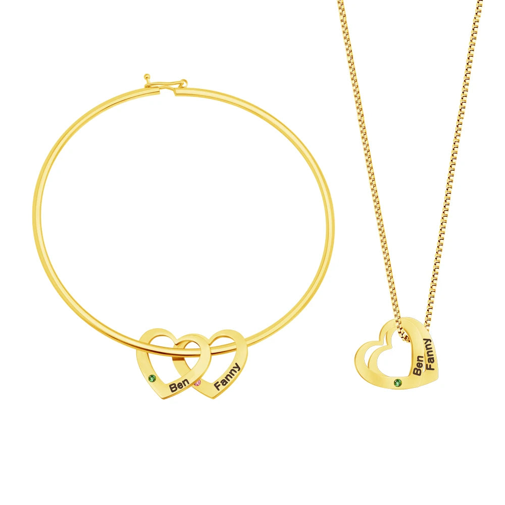 Personalized Stainless Steel Set Inspirational Mother Daughter Gifts Gold Hearts Charms Necklace Bracelet Combo for Women