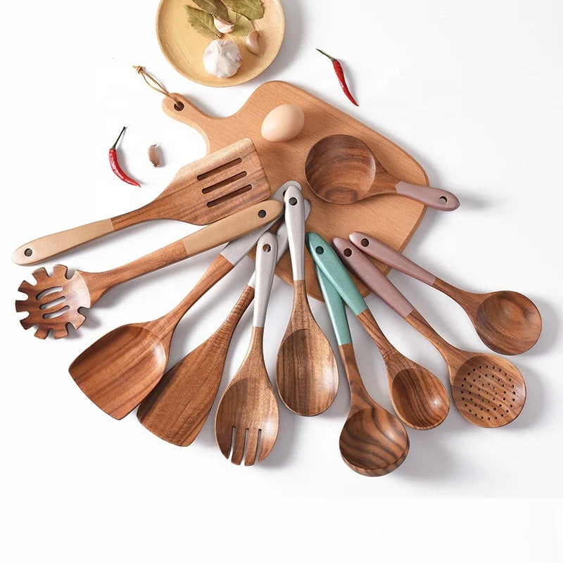 Teak Multi-color Paint Handle Cooking Spatula Non-stick Pan Special Cooking Spatula  Wooden Cooking Utensils Set Wholesale