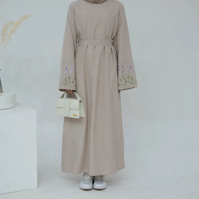 Lavender Linen Abaya for Adults Casual Ramadan Dress with Embroidery and Side Pocket Women's Muslim Apparel-Plus Size