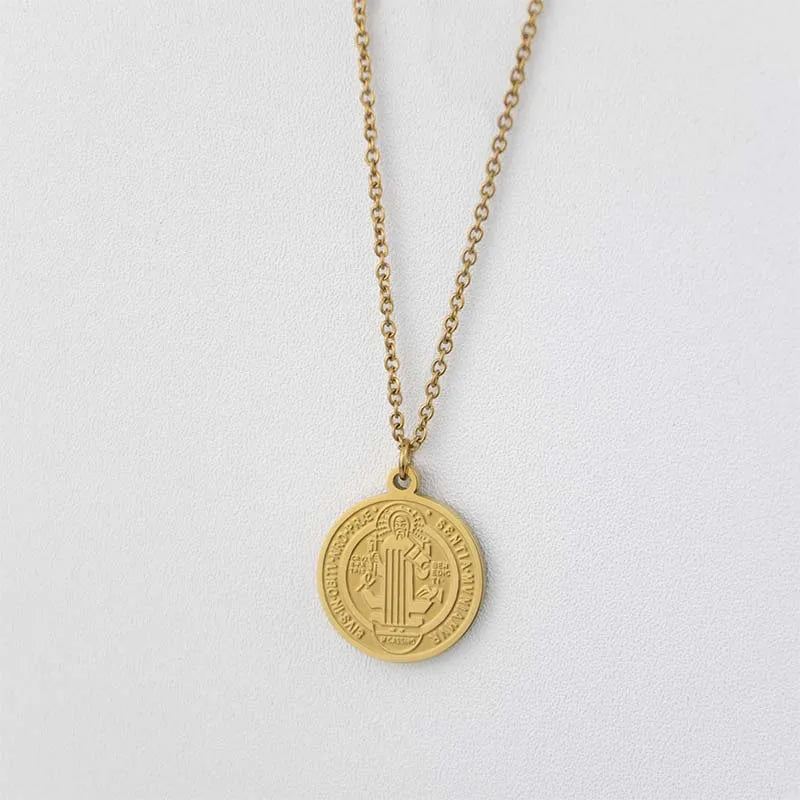 Fashion 18K PVD Gold Plated Saint Benedict Medal Pendant Necklace Stainless Steel Catholic Medal Religious Pendant Necklace