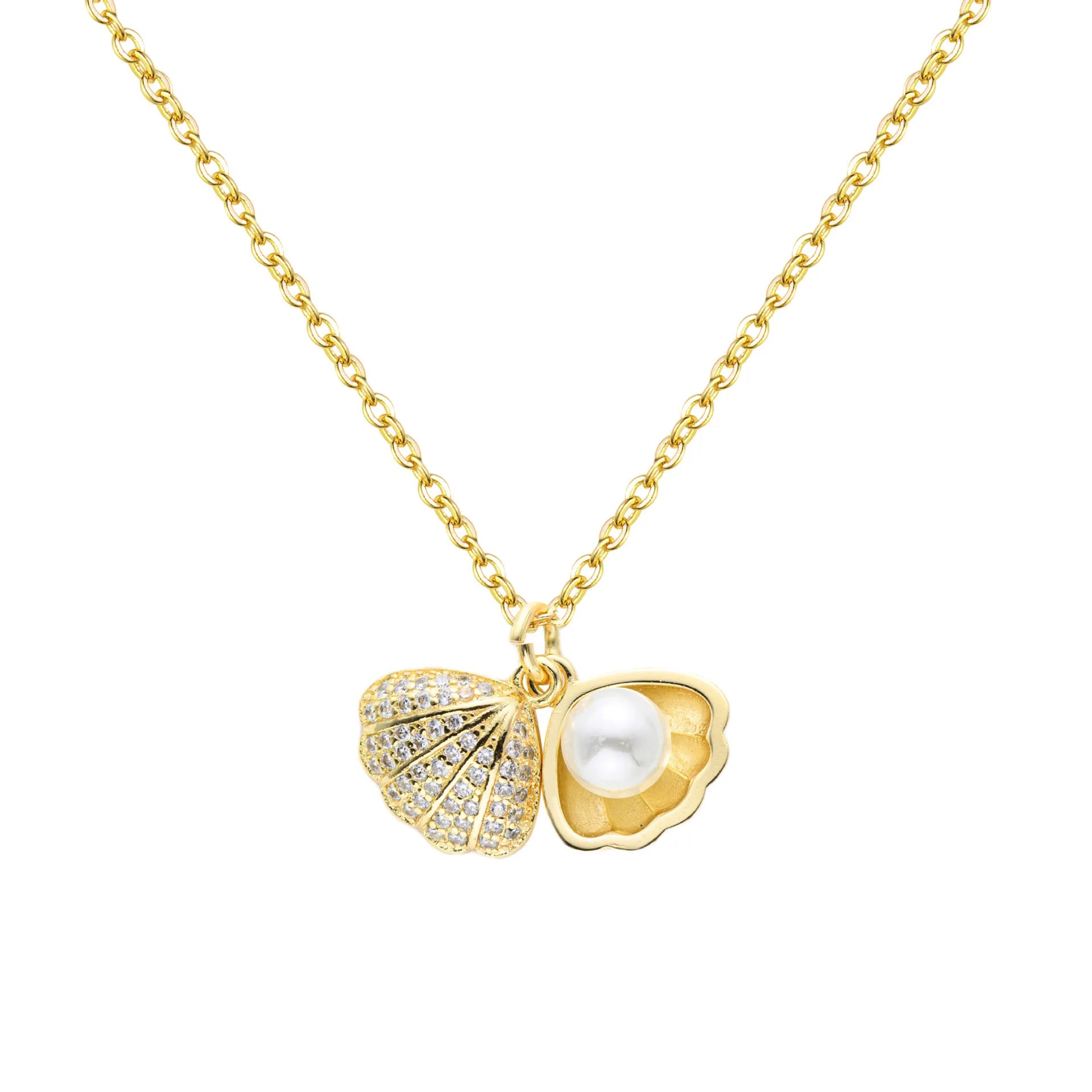 G2308 Wholesale Collier Gold Plated Stainless Steel Chain Inlay Zircon Shell Pearl Pendant Fashion Jewelry Necklaces