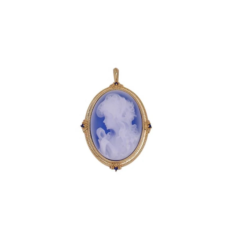 Heizun Trendy Design Carved Agate Lady Girl Flora Portrait Cameo Pendant Blue Zircon S925 Silver Necklace for Elegant Woman