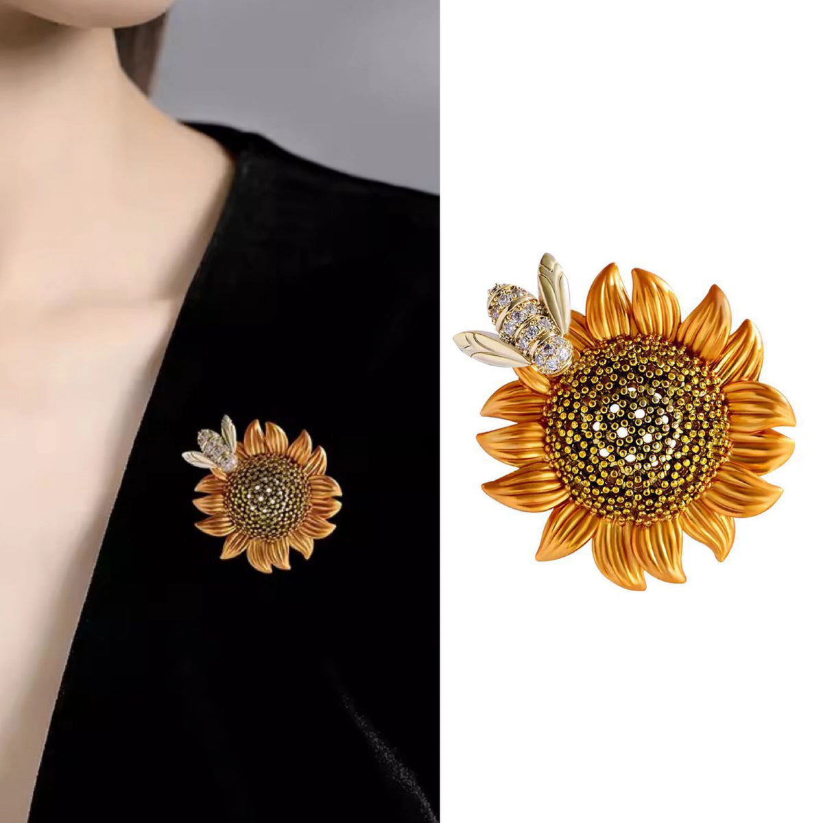 Vintage Bee Sunflower Brooches Alloy Crystal Insect Daisy Flower Pin Jewelry Clothing Accessories Broche De Girasol Ra Abejas MegaBDM
