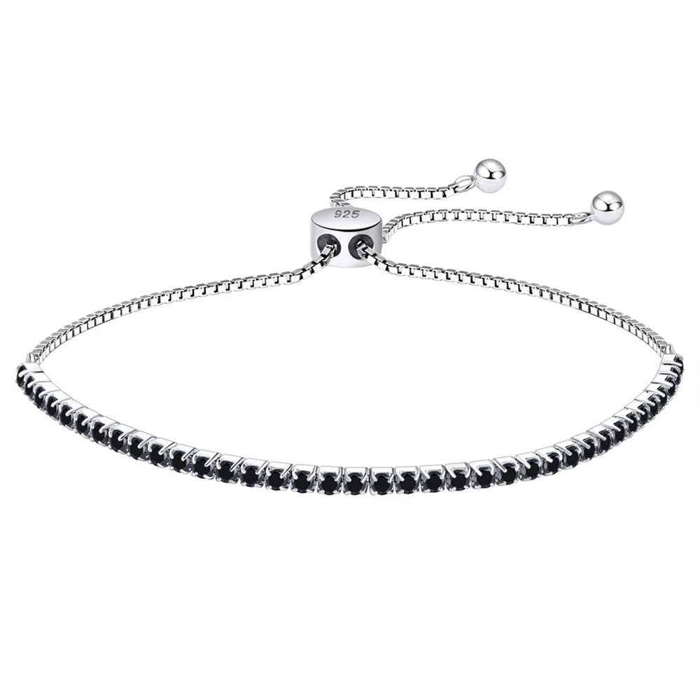 925 Sterling Silver Jewelry Black Zircon 2mm  Adjustable Tennis Chain Bracelet