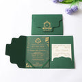 Dark Green Luxury Tri-Fold Wedding Invitation Cards Clear Acrylic Gold Foil Music Cross Style Paper Material Envelope Included