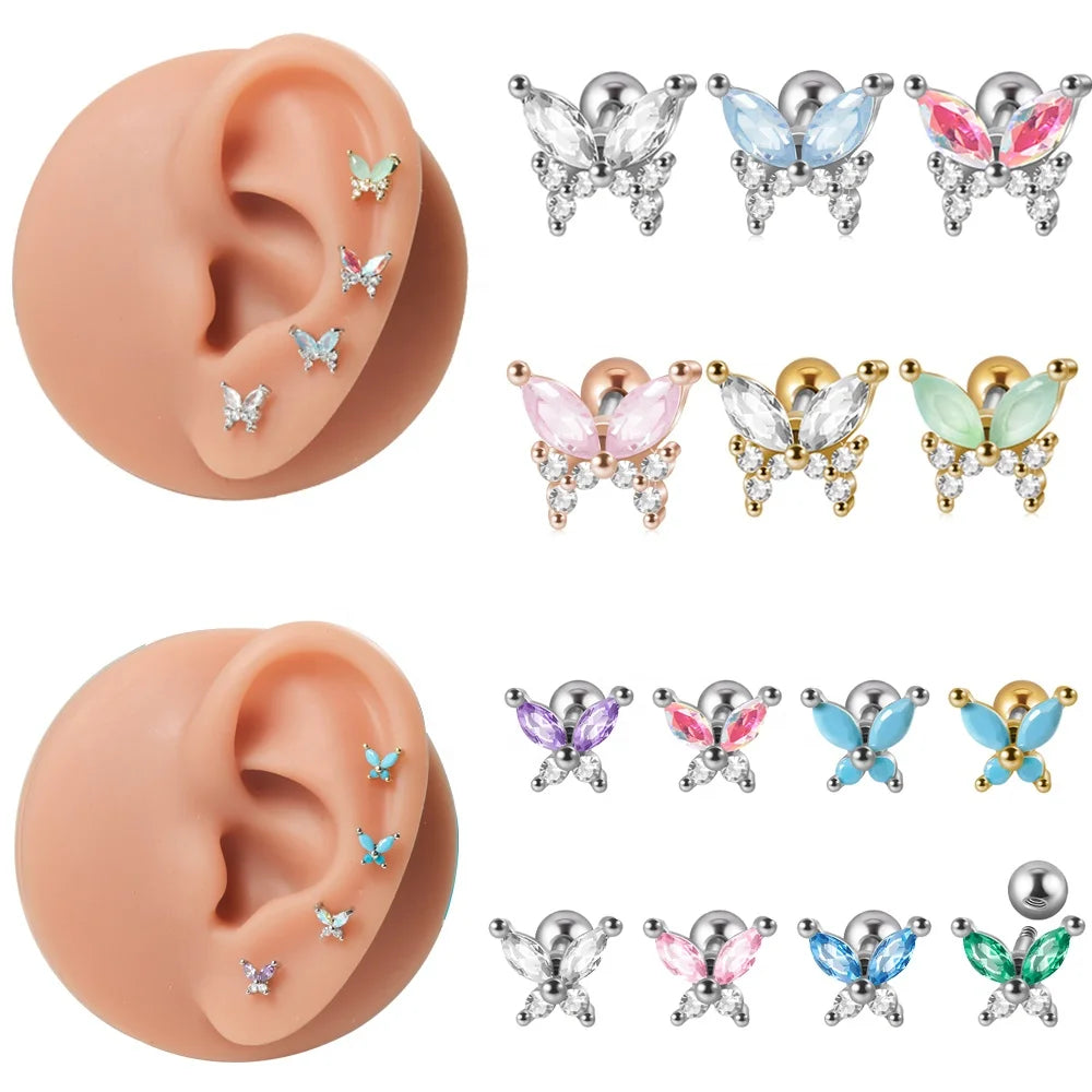 Wholesale 20G Surgical Steel Butterfly Stud Earrings Cartilage Helix Piercing Body External Thread Zircon Stainless Steel