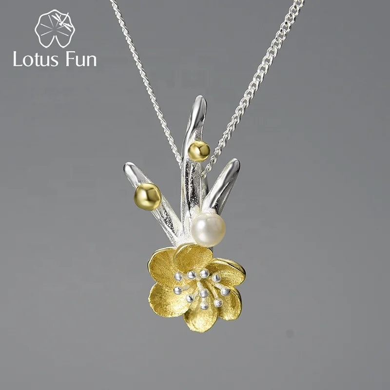Lotus Fun Handmade 925 Sterling Silver Chinese Element Fresh Water Pearl Winter Flower Pendant Necklace Luxury Jewelry for Women