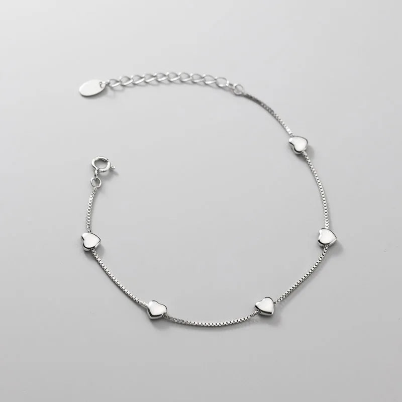Genuine 925 Sterling Silver Korean Style Box Chain Love Heart Charm Bracelet for Women Fine Jewelry