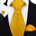 Silk Paisley Mens Tie Set Yellow Golden Wedding Luxury Polyester Ties for Business Men's Tie Handkerchief Set With Cufflinks