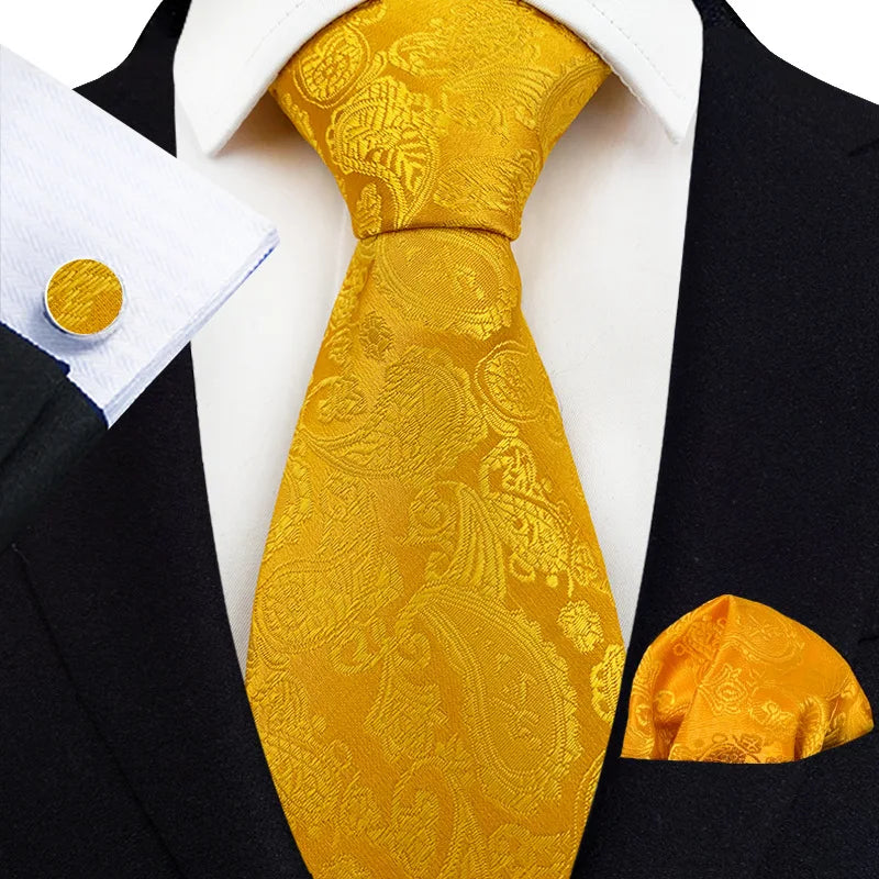 Silk Paisley Mens Tie Set Yellow Golden Wedding Luxury Polyester Ties for Business Men's Tie Handkerchief Set With Cufflinks