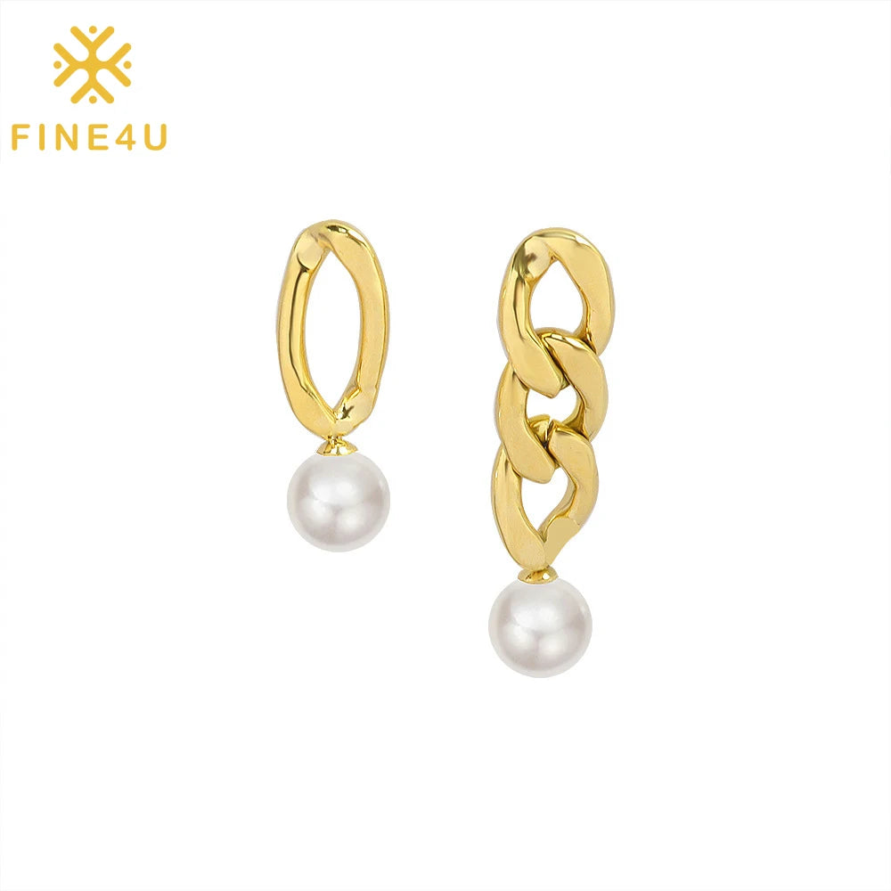 Fashion Women Hypoallergenic Anti Tarnish Waterproof Jewelry Stainless Steel Gold Plated Pearl Drop Link Chain Earrings