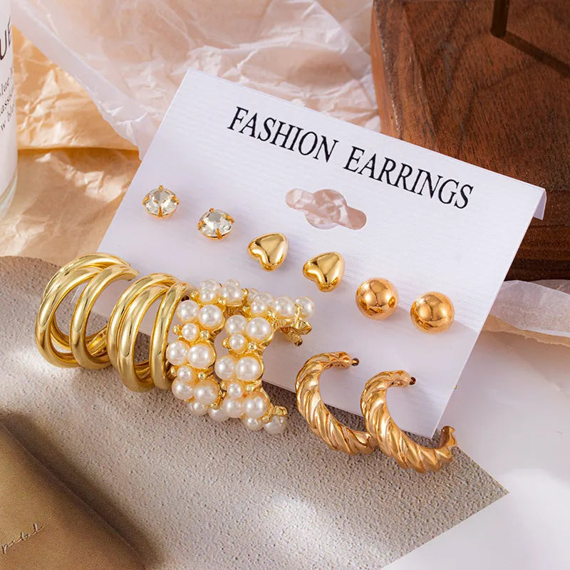 Luxury 6pairs/Sets Earrings for Women Imitation Pearl Crystal Hoop Earrings Fashion Jewelry Crystal Ball Heart Earrings Brincos