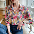 Casual Flower Print Women Blouse Tops Summer Female Turn Down Collar Long Sleeve Button Office Workwear Shirts 3051#