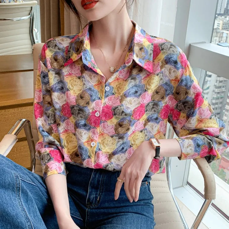 Casual Flower Print Women Blouse Tops Summer Female Turn Down Collar Long Sleeve Button Office Workwear Shirts 3051#
