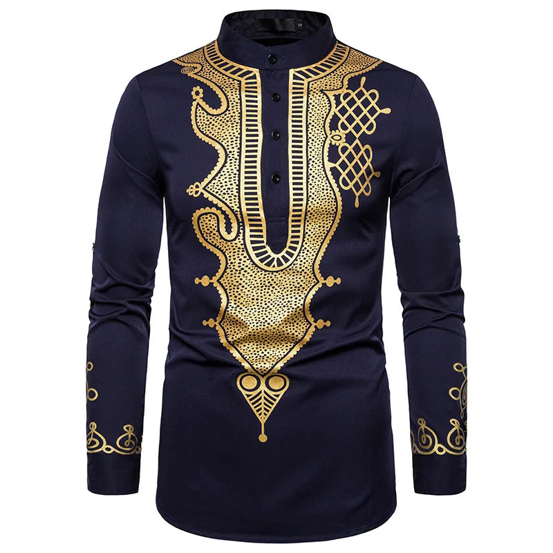 New Men's Casual Fashion Ethnic Style Printed Totem Long Sleeve Shirt
