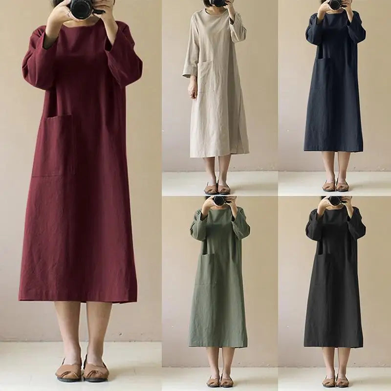 2023 Simple Design Round Neck Loose Dress Women Plus Size Cotton Linen Midi Dresses