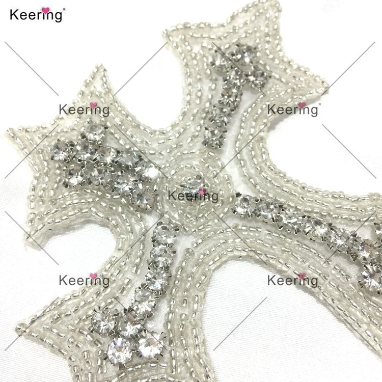 WRA-730-2  Small Size Cross Glass Handbag Crystal Applique Design Sash Shape Rhinestones Applique Patches