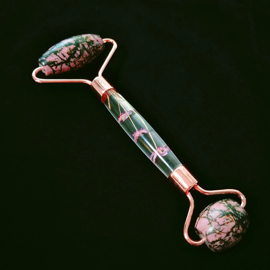 HY Natural massage rhodonite jasper flower handle facial massage roller for face