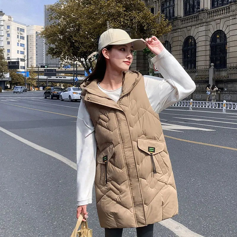 Hot Sales Sleeveless Bubble Jacket Clothes Custom Outdoor Polyester Hood Long Puffer Vest for Women