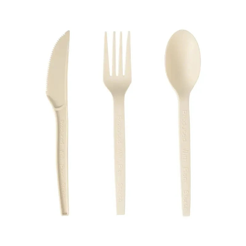 Customizable Biodegradable Cornstarch Disposable Cutlery Set Food Grade Fork Knife Spoon Hotel Party Fast Food Use White Logo